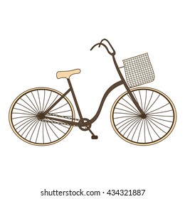 Vector illustration of logo for retro bike with a basket closeup on white background. Bike drawing consisting of pedal wheel, speed sport, bicycle transport gear. Vintage basket, romantic bikes.