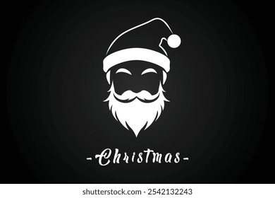 Una Ilustración vectorial y el logotipo de Santa en una silueta blanca sobre un fondo negro, capturando un tema de vacaciones minimalista pero festivo. Perfecto para la decoración de Navidades, marca y diseños de temporada.