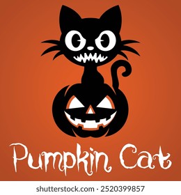 A vector illustration and logo of a scary black cat with sharp teeth standing menacingly on a Halloween pumpkin (Jack o lantern), perfect for spooky Halloween themes and decorations.