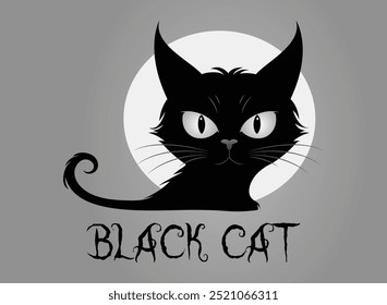 Ilustração vetorial e logotipo de um gato preto assustador com olhos negros perfurantes, olhando atentamente, definido contra um fundo de lua cheia, perfeito para projetos com tema de Halloween e arte assustadora.