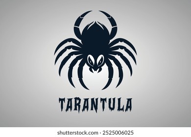 A vector illustration and logo of a scary black tarantula (spider) silhouette, with sharp eyes and set on a gray background, ideal for eerie, scary and spooky designs and Halloween-themed projects.