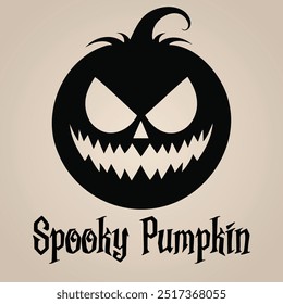 A vector illustration and logo of a scary Halloween pumpkin (jack o lantern) in black with sharp teeth and an eerie, menacing look. Perfect for spooky designs, holiday-themed visuals and in Halloween.