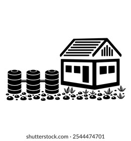 Vector illustration, logo, septic tank barrel icon and house. Isolated on a white background.