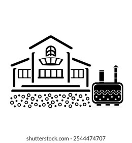 Vector illustration, logo, septic tank barrel icon and house. Isolated on a white background.