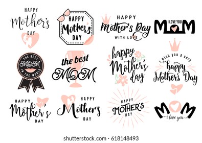 Vector illustration of logo set emblem for happy  mothers day holiday greeting with lettering typography text phrase I love you, the best mom isolated on white background