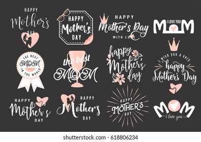 Vector Illustration Of Logo Set Emblem For Happy Mother Day Greeting With Lettering Typography Text Phrase I Love You, The Best Mom Isolated On Black Background