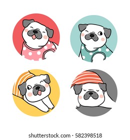 Vector illustration logo set of pug dog.Doodle cartoon style.