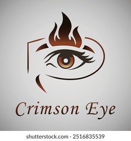 A vector illustration and logo of a sharp, crimson-colored eye engulfed in flames, exuding a fiery, intense look with a touch of beauty and power. Perfect for bold branding and events like Halloween.