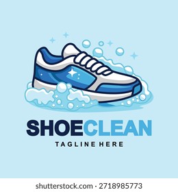 Logotipo de Ilustración vectorial para un servicio de limpieza de zapatos o un negocio de lavandería. El diseño presenta una zapatilla estilizada azul y blanco rodeada de burbujas de jabón y destellos, lo que indica un resultado fresco y limpio. Este gráfico moderno es adecuado para su uso como marca, un icono o un signo para cualquier servicio de cuidado del calzado.