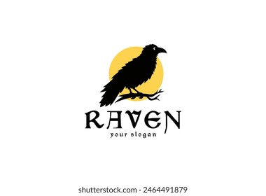vector illustration logo silhouette of a black crow standing on a twig