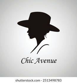 A vector illustration and logo of a woman’s silhouette in black, wearing a wide-brimmed hat in a fashionable and elegant style. Perfect for chic and stylish designs.