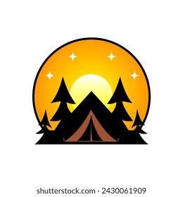 
Vector illustration, vector logo, silhouettes of trees and mountains and a brown tent in front of it, with an evening background.