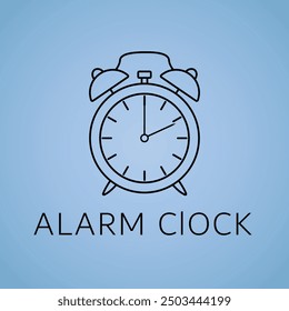Una Ilustración vectorial y el logotipo de un reloj de alarma simple y minimalista establecido contra un fondo de gradiente azul. Ideal para diseños limpios y modernos.