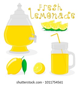 Vector illustration logo for slice yellow citrus fruit lemons, jar with lemonade. Jar pattern consisting of glass pitcher filled lemonades, natural sweet lemon product. Lemonade fresh liquid of jars.