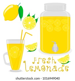 Vector illustration logo for slice yellow citrus fruit lemons, jar with lemonade. Jar pattern consisting of glass pitcher filled lemonades, natural sweet lemon product. Lemonade fresh liquid of jars.