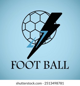 Ilustración vectorial y logotipo de un balón de fútbol (o balón de fútbol) con un símbolo de trueno, sobre un fondo azul degradado. Ideal para diseños energéticos y deportivos.