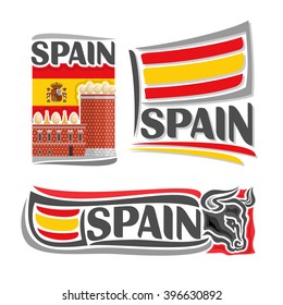 Vector illustration of the logo for Spain, 3 isolated illustrations: flag on the background of the Salvador DalÃ­ Museum, symbol of Spain architecture and spanish national state flag, bull head