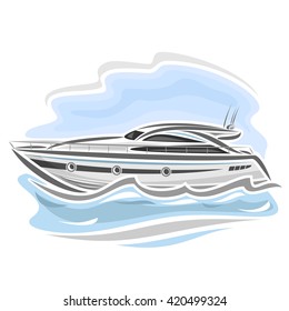 Vector illustration of logo for speed boat on blue background, side view.