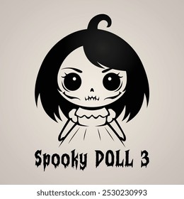 A vector illustration and logo of a spooky doll with pale skin, wearing a dress perfect for Halloween costume designs ideas, parties horror themes and celebrating the Halloween spirit.