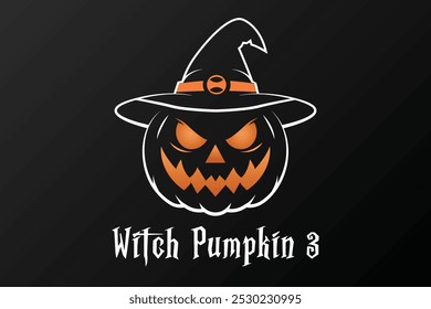 A vector illustration and logo of a spooky and glowing Halloween pumpkin with sharp teeth set on a black background, wearing a witch's hat, For Halloween-themed designs, decorations and eerie graphics