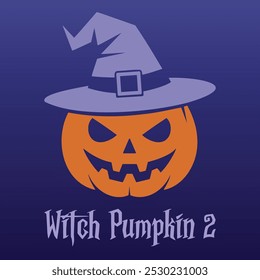 A vector illustration and logo of a spooky Halloween pumpkin with sharp teeth set on a blue background, wearing a witch's hat. Perfect for Halloween-themed designs, decorations and eerie graphics.