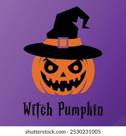 A vector illustration and logo of a spooky Halloween pumpkin with sharp teeth set on a purple background, wearing a witch's hat. Perfect for Halloween-themed designs, decorations and eerie graphics.