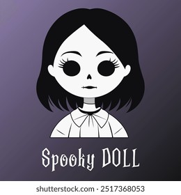 Ilustración vectorial y logo de una espeluznante y aterradora muñeca de niña sin ojos y piel pálida, vestida con uniforme. Perfecto para diseños temáticos de Halloween, imágenes espeluznantes y gráficos de muñecas encantadas.