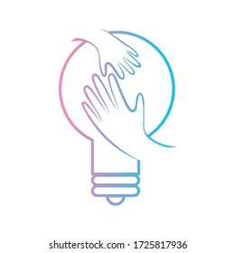 A vector Illustration logo for supporting developmental health with mature hand and children hand inside the bulb symbol 