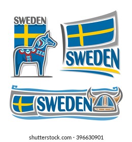 Vector illustration of the logo for Sweden, consisting of 3 isolated illustrations: national  state flag over blue Dalarna horse, symbol of Sweden and the flag on background of viking helmet