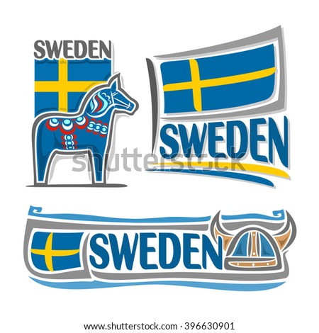 Vector illustration of the logo for Sweden, consisting of 3 isolated illustrations: national  state flag over blue Dalarna horse, symbol of Sweden and the flag on background of viking helmet
