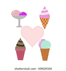 Vector illustration of logo for sweet ice cream dessert in a waffle cone cup on white background. Ice Cream drawing consisting of label strawberry, chocolate sundae. Eat sweet icecream.