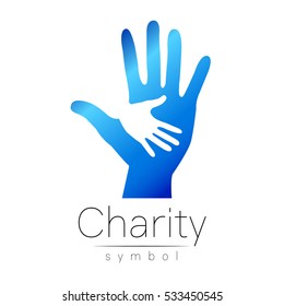 Logo de la ilustración del vector. Símbolo de caridad. Firma aislada en fondo blanco.Blue Icon compañía, web, tarjeta, imprimir. Moderno elemento luminoso. Campaña de caridad para huérfanos Ayuda a los niños. Logotipo