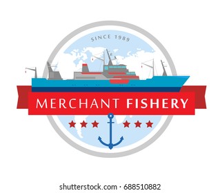 Vector illustration of logo and symbol of shipping by sea company, isolated on white background. Flat style. Design icons of  seiner ship.