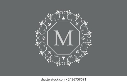 Vector illustration of logo template with monogram element, letter M and floral ornament for restaurant, club, boutique, cafe, hotel cards.