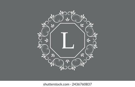 Vector illustration of logo template with monogram element, letter L and floral ornament for restaurant, club, boutique, cafe, hotel cards.