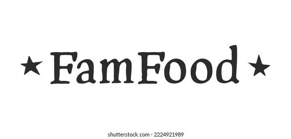 Vector illustration of a logo with text Famfood (concept family food). Handwritten lettering script. Black and white style. Logotype  for a food ordering site