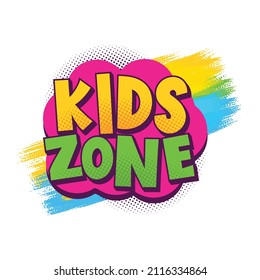 Vektorgrafik eines Logos mit Textspielzone für Kinder in buntem Stil, Kids-Zone-Cartoon-Inschrift auf weißem Hintergrund. Vektorgrafik. Spielplatz und Spielbanner für Kinder 