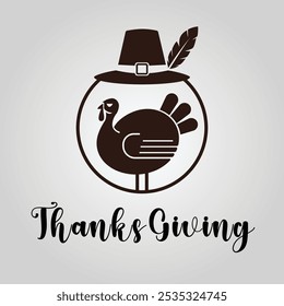 Una Ilustración vectorial y el logotipo de un pavo de Acción de Gracias con un sombrero flotante y penacho sobre su cabeza, perfecto para diseños festivos de vacaciones y proyectos temáticos de Acción de Gracias.