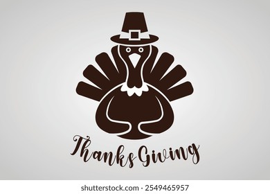 A vector illustration and logo of a Thanksgiving turkey in black, wearing a pilgrim hat and touching its stomach, perfect for Thanksgiving-themed designs and festive projects plus holiday meals.