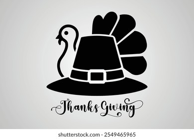 Una Ilustración vectorial y el logotipo de un pavo de Acción de Gracias en negro, con la cabeza y las plumas asomándose por detrás de un sombrero de peregrino, perfecto para diseños con temas de Acción de Gracias y logotipos de proyectos festivos.