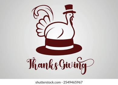 Vektorgrafik und Logo eines Thanksgiving-Truthahns in Braun, der auf einem Pilgerhut sitzt und diesen trägt, perfekt für Thanksgiving-Designs und Logos festlicher Projekte.