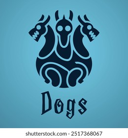 A vector illustration and logo of three interconnected dogs (Cerberus) with a spooky, design, sharing a linked body. Perfect for horror-themed, creepy graphics, and unsettling designs, Halloween too.