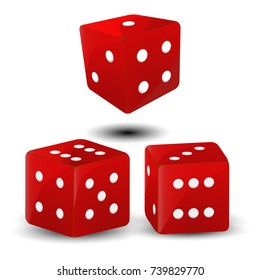 Vector illustration logo for three shiny cube dice casino with shadow gambling on white background. Dice pattern consisting of set red cubes for gamblings casino craps. Gambling Casino in dices craps.