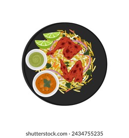 Vector illustration logo top view biryani rice with chicken tandoori