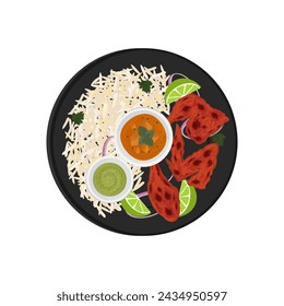 Vector ilustración logo vista superior arroz basmati con pollo tandoori
