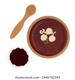 Vector illustration logo Top view korean Red Bean Porridge patjuk on a wooden bowl