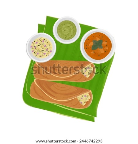 Vector illustration logo Top View Masala dosa on banana leaf