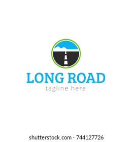Vector illustration Logo for trip company. Long road. T- road, road to the mountains and blue sky. Trip company and tourism