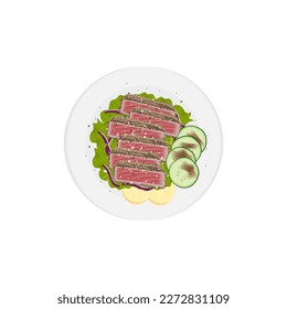 Vector Illustration Logo of Tuna Tataki Ahi Tuna or Tuna Meat Covered in Sesame and Served with Fresh Vegetables