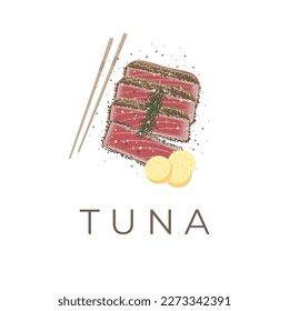 Vector Illustration Logo of Tuna Tataki Ahi Tuna or Fresh Tuna Meat Covered in Sesame and Eaten with Chopsticks